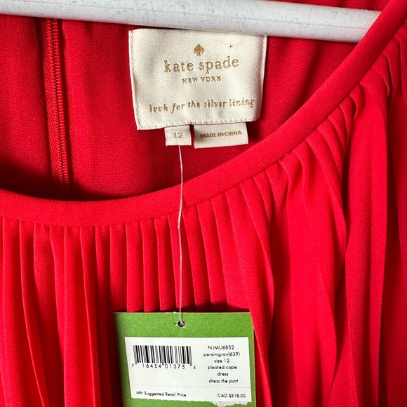 NWT KATE SPADE Persimmon Grove Red Orange Pleated Popover Cape Fit Flare Dress - Picture 15 of 16